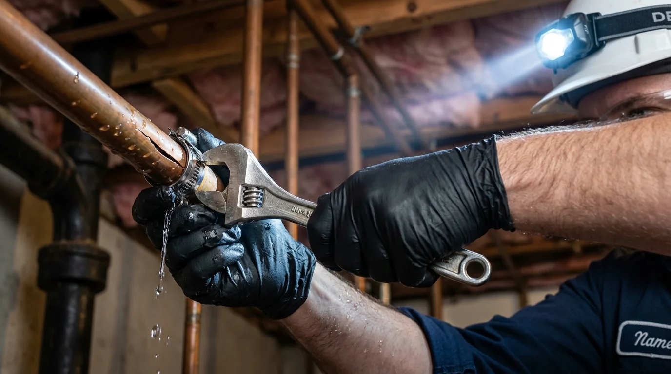 Emergency pipe clamp repair being performed by a Johns Plumbing LLC plumber in Gettysburg
