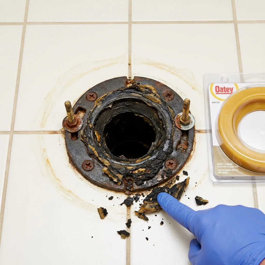 Failed wax ring showing water seepage at the base of a toilet in a Gettysburg, SD home