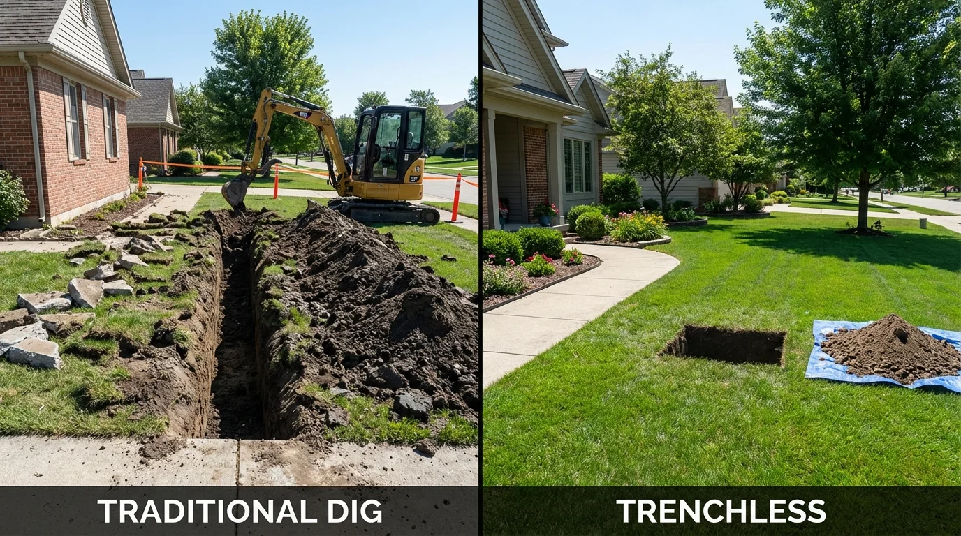 Trenchless sewer repair with minimal yard damage versus traditional excavation in Gettysburg, SD