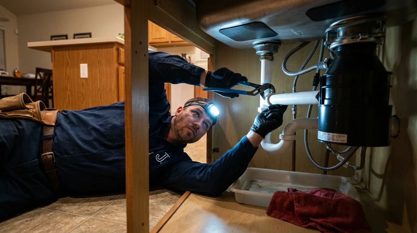P-trap and supply line connections under a kitchen sink showing a common leak point in Gettysburg, SD